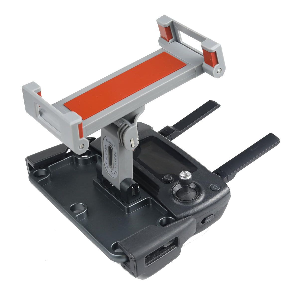 Hanatora front view mounted on Mavic remote showing secure screen positioning and improved control
