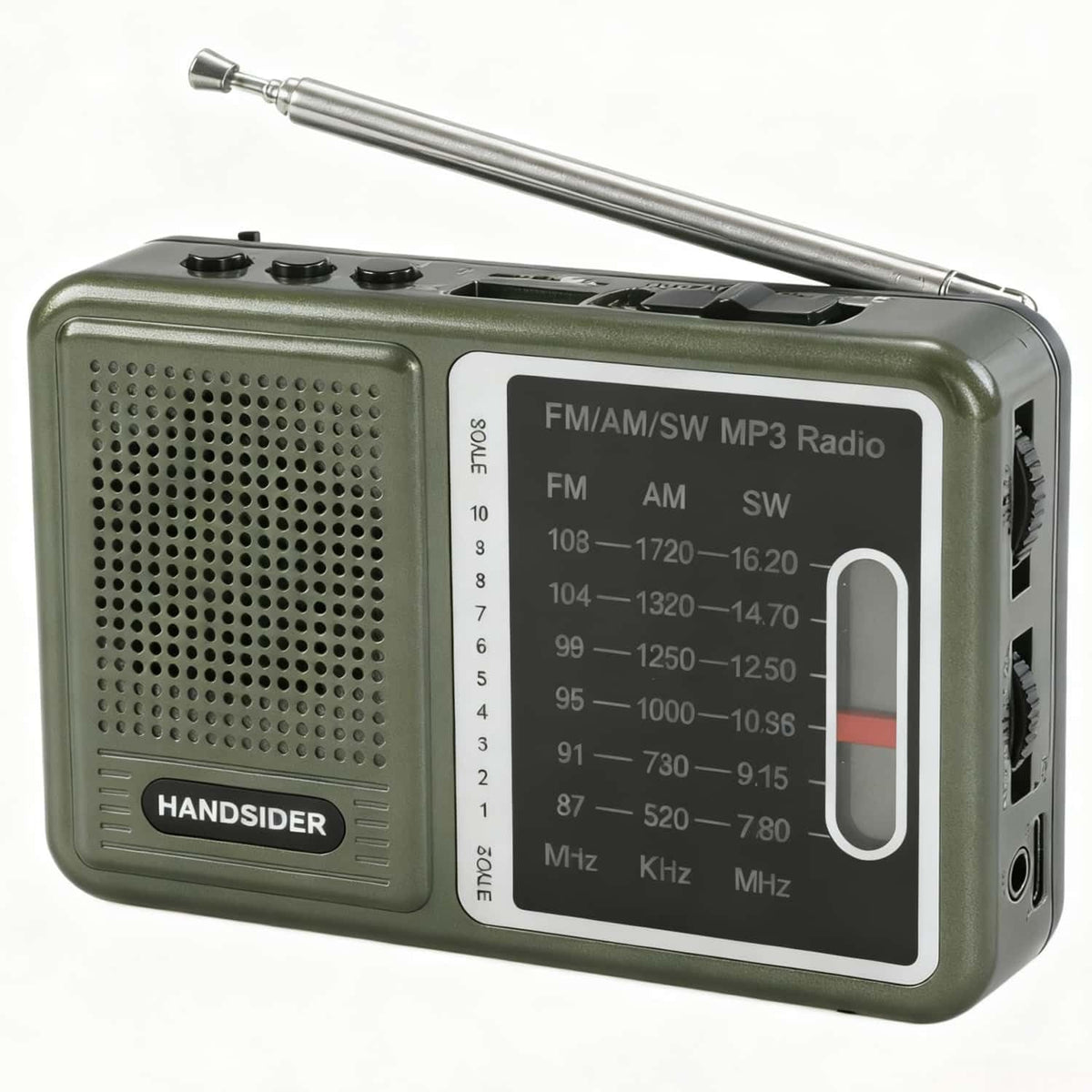 Handsider front view showing radio face and easy listening benefit
