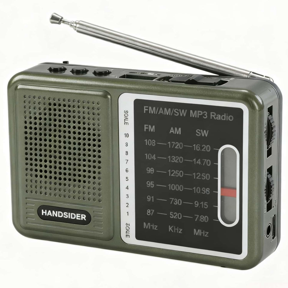 Handsider front view showing radio face and easy listening benefit