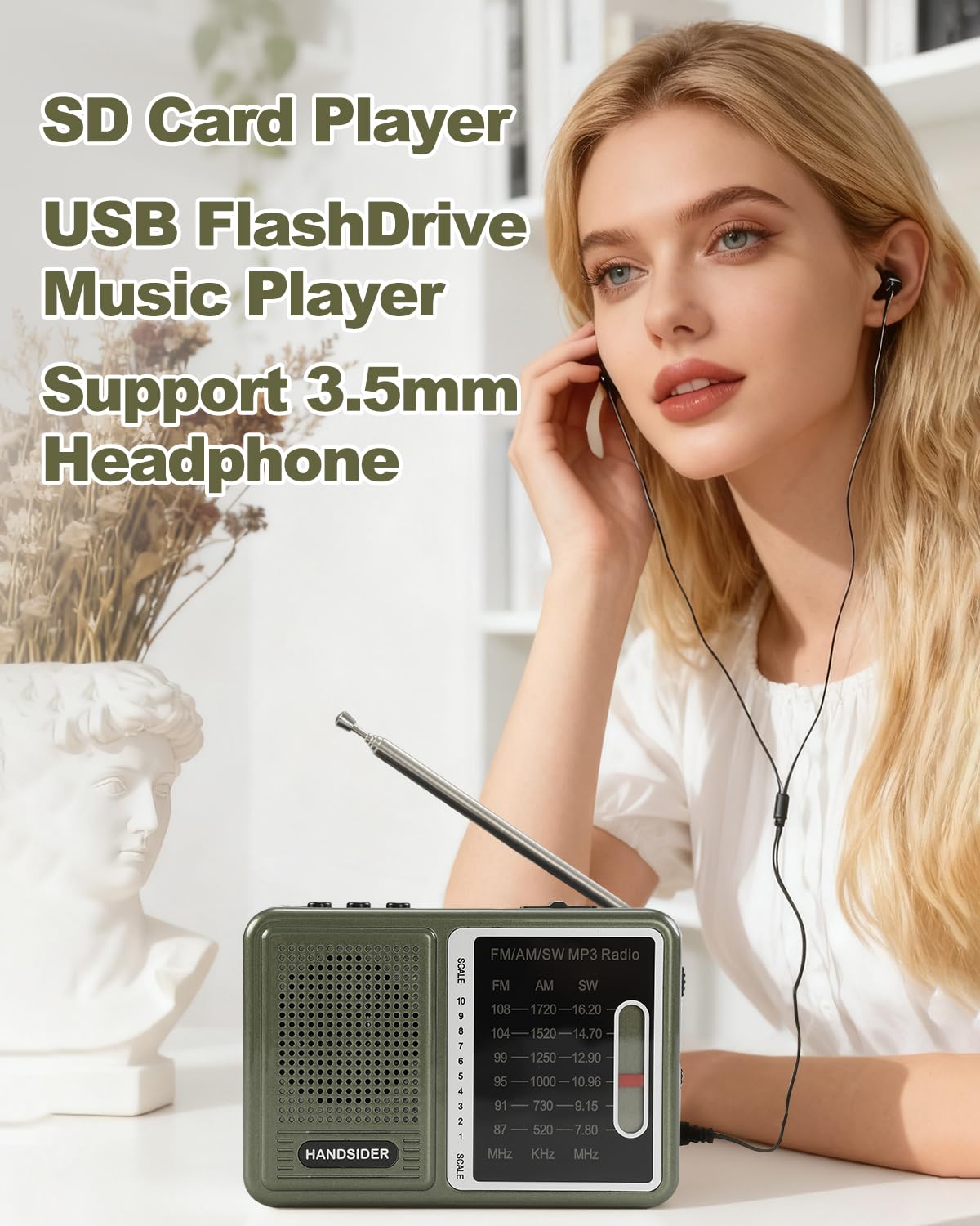 Handsider with headphones plugged in for private listening benefit