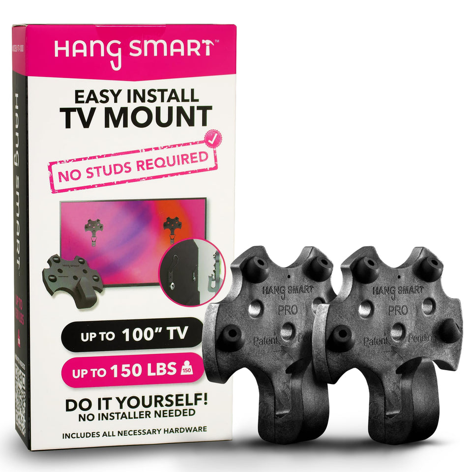 Hang Smart TV front packaging showing compact DIY mount kit and clear branding benefit