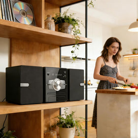 HANLIM CD tray open highlights simple disc loading during setup.