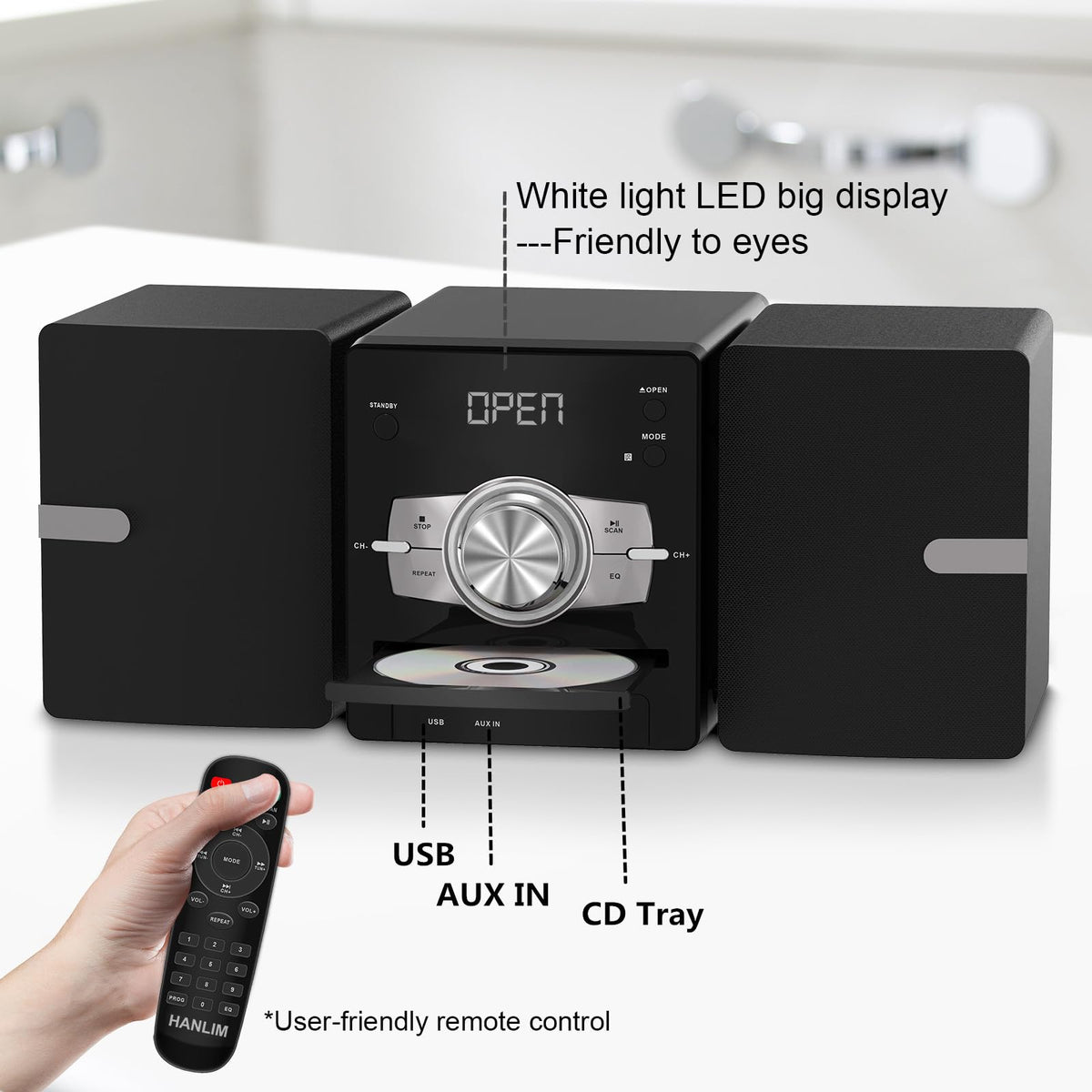 HANLIM remote control in hand enables easy operation from the sofa.