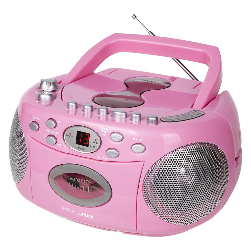 HANNLOMAX HX-323CD front view in pink showing speakers and controls for easy playback