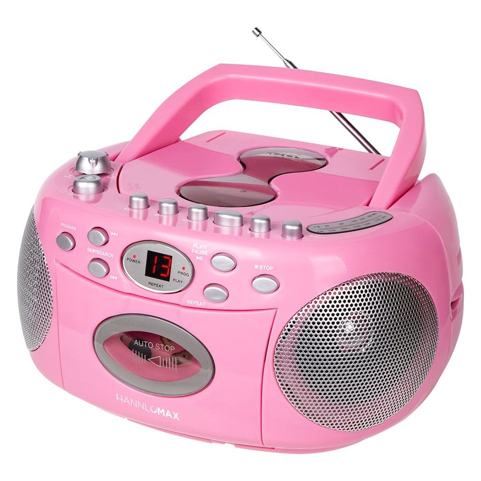 HANNLOMAX HX-323CD front view in pink showing speakers and controls for easy playback