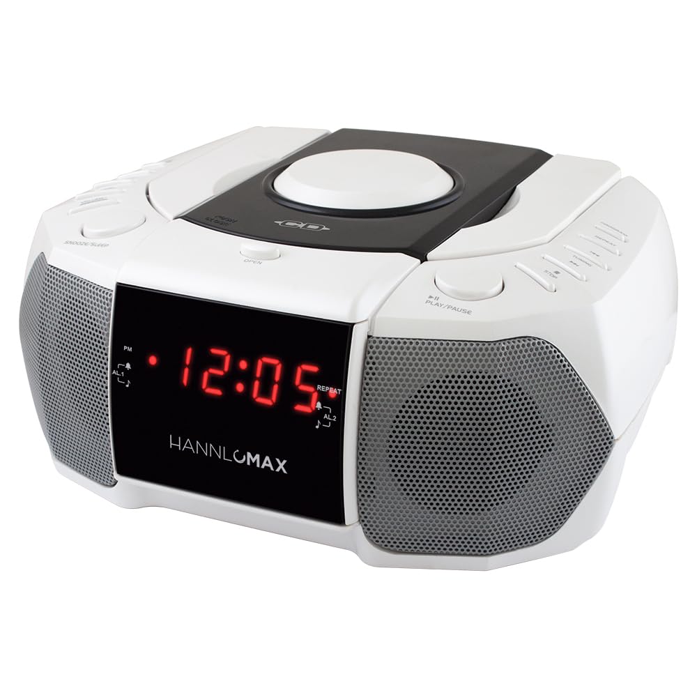 HANNLOMAX HX-334CD front view showing speaker grille and clock, clear bedside audio
