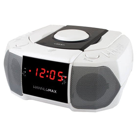 HANNLOMAX HX-334CD front view showing speaker grille and clock, clear bedside audio