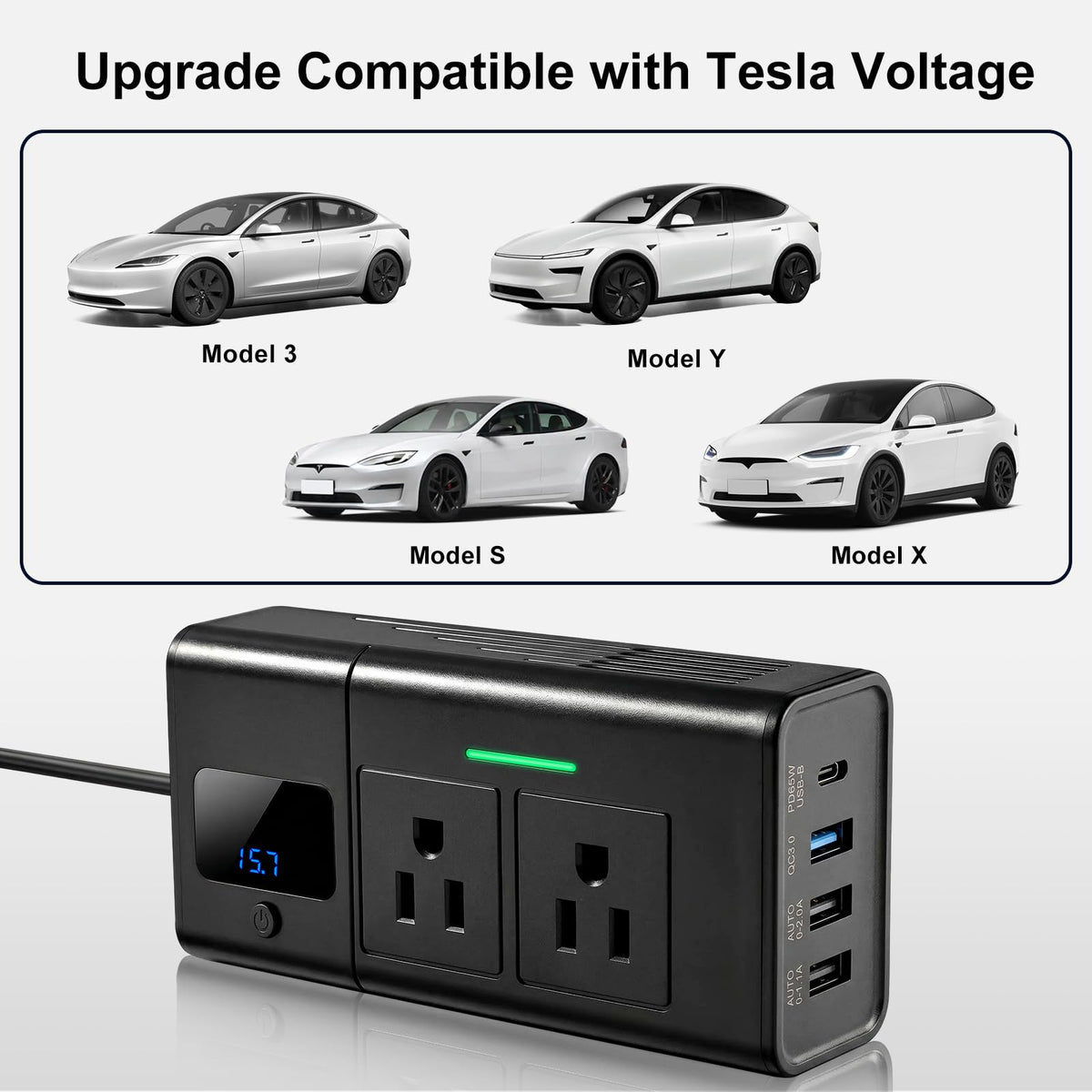 HANSSHOW 200W inverter with dual 110V outlets powering multiple devices on the road.