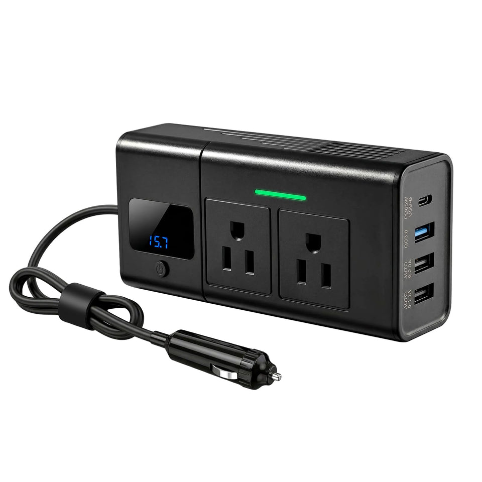 HANSSHOW 200W inverter front view, compact design for easy car placement.