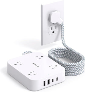 HANYCONY 10ft flat extension cord with 8 outlets for multi-device charging.