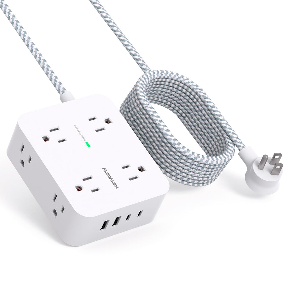 HANYCONY 10ft surge protector with flat plug, ideal for tight spaces and desk setups.