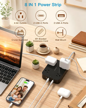HANYCONY hub with four outlets and four USB ports for multiple devices.
