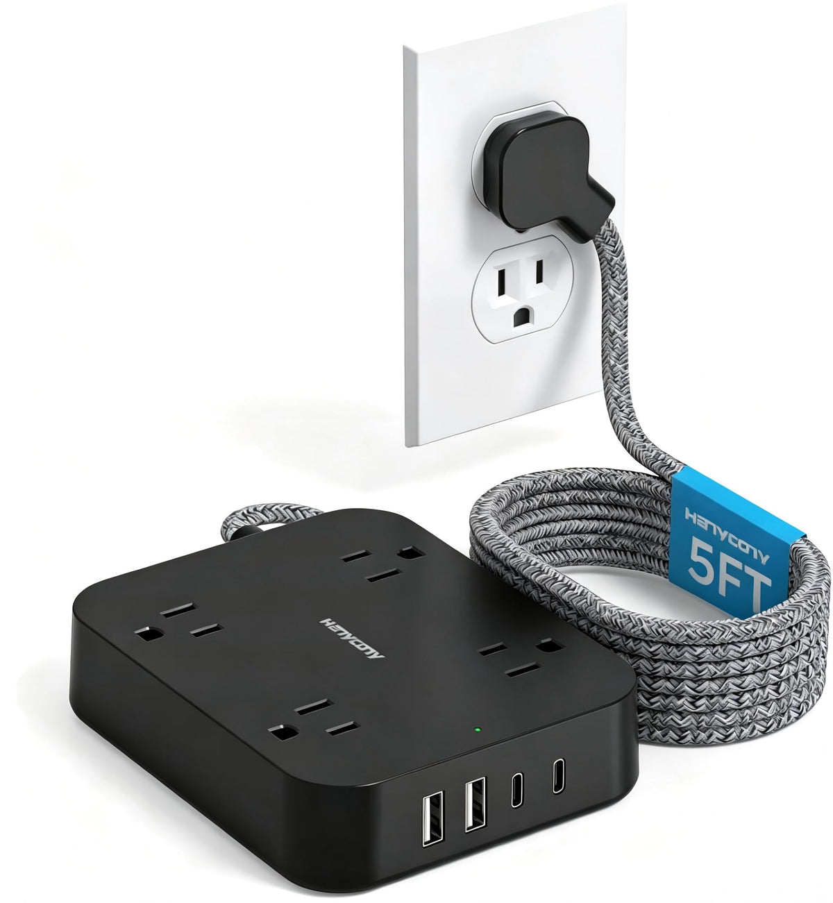 HANYCONY ultra-thin flat plug powering a tidy wall outlet setup.