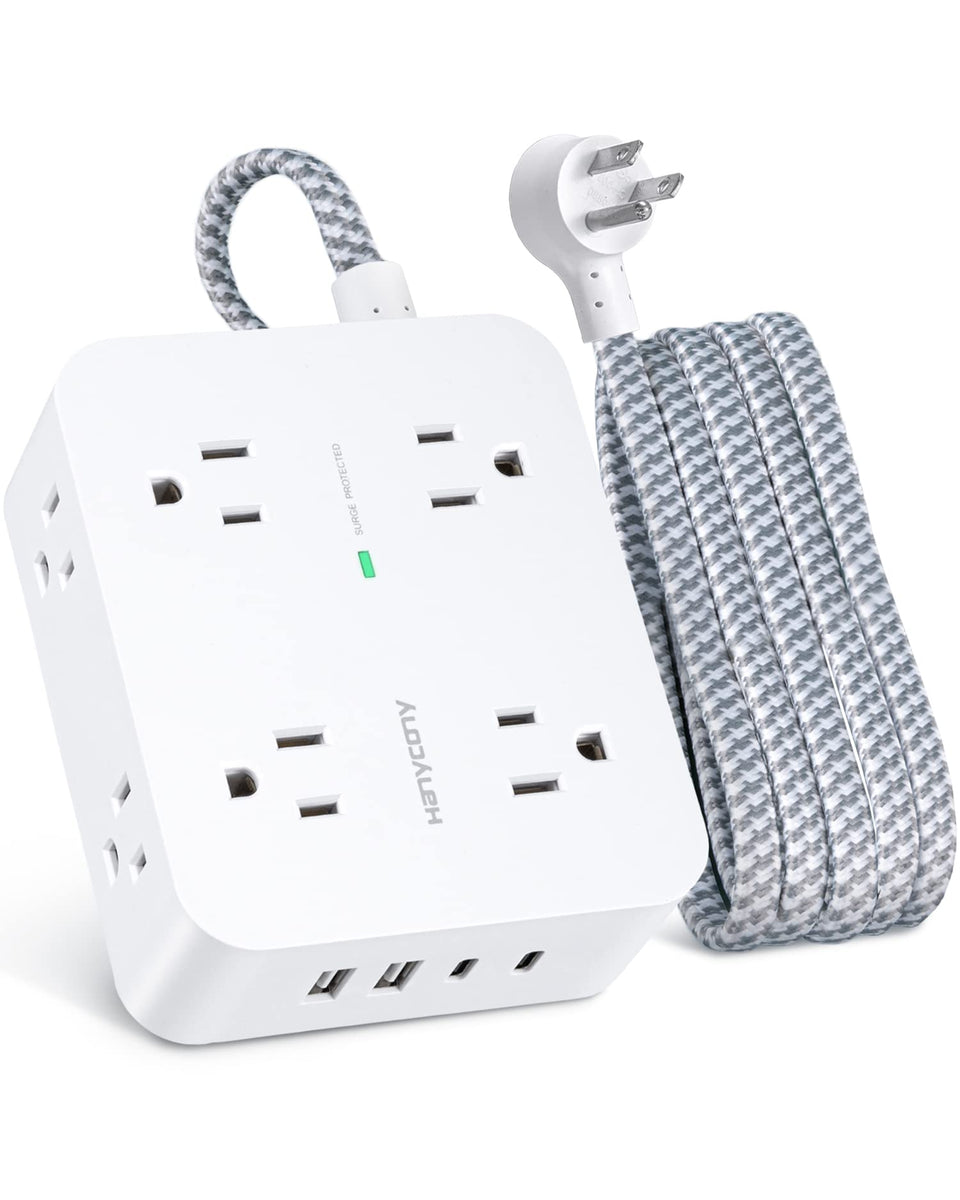 HANYCONY 6ft surge protector overview showing 12-in-1 power and USB charging.