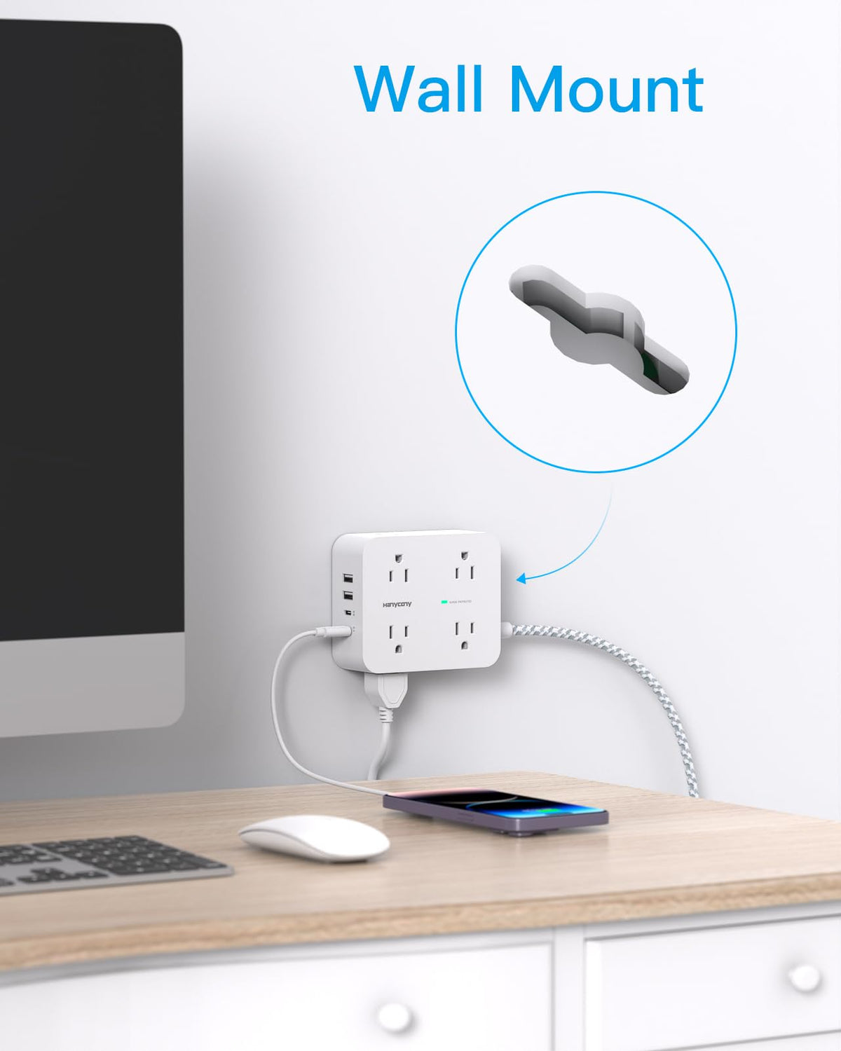 HANYCONY dorm-room power strip powers multiple devices.