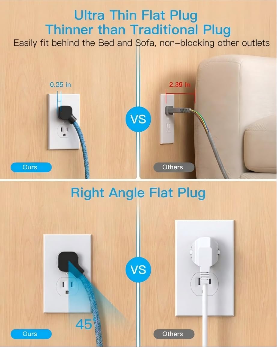 HANYCONY 45-degree flat plug design fitting behind furniture.