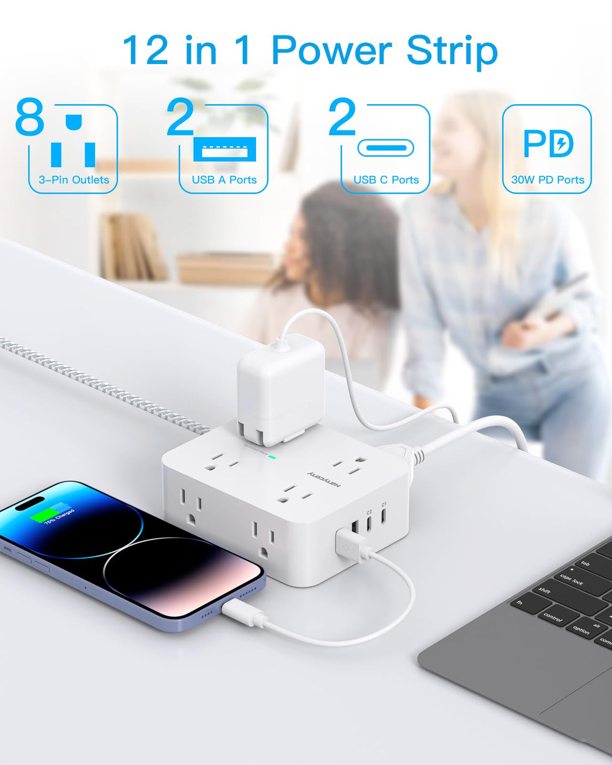 HANYCONY flat-plug extension cord fits behind furniture for tidy setups.