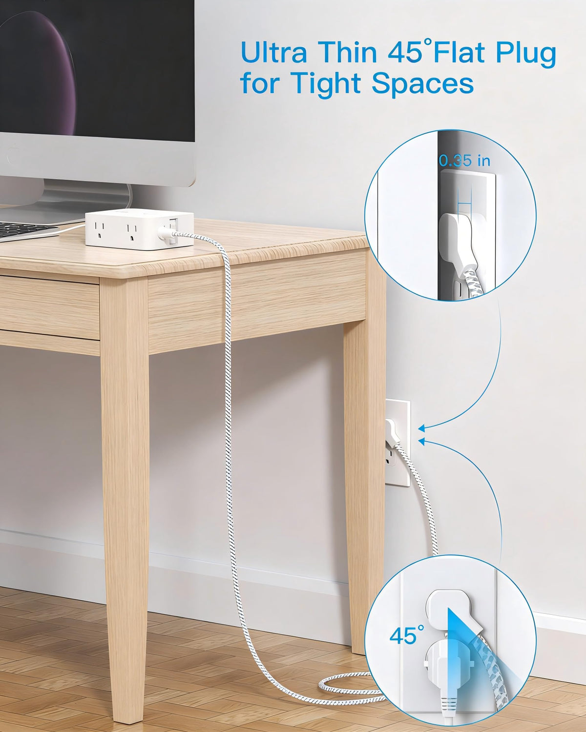 HANYCONY flat plug 45° angled profile slips behind furniture to save space