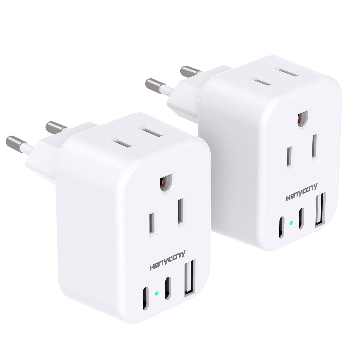 HANYCONY front view showing two outlets and USB ports for easy multi-device charging
