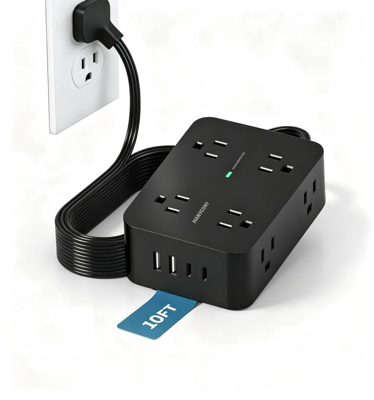 HANYCONY front view showing all outlets and USB ports for organized charging