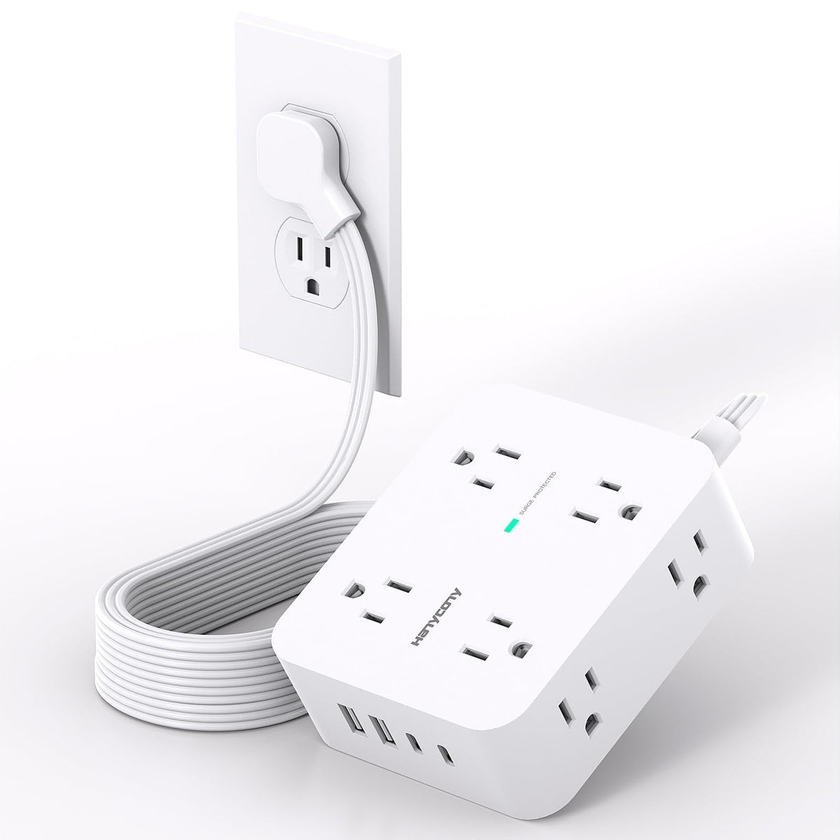 HANYCONY front view of power strip showing outlets and USB ports, convenient charging