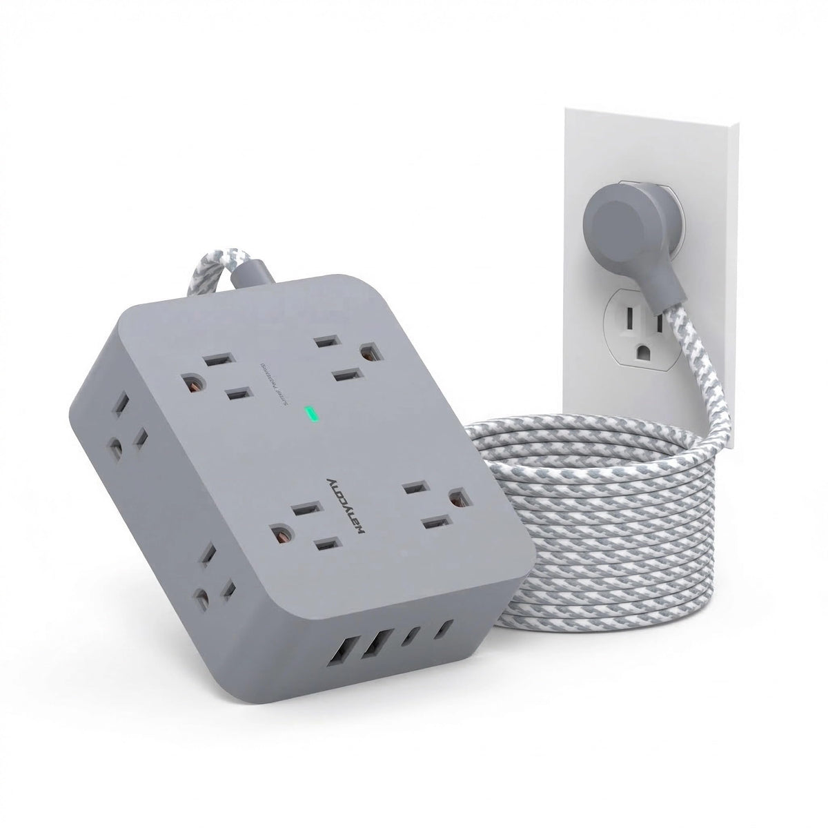 HANYCONY front view of power strip showing 8 outlets and 4 USB ports for streamlined charging