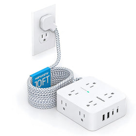HANYCONY front view showing 8 outlets and 4 USB ports for organized charging