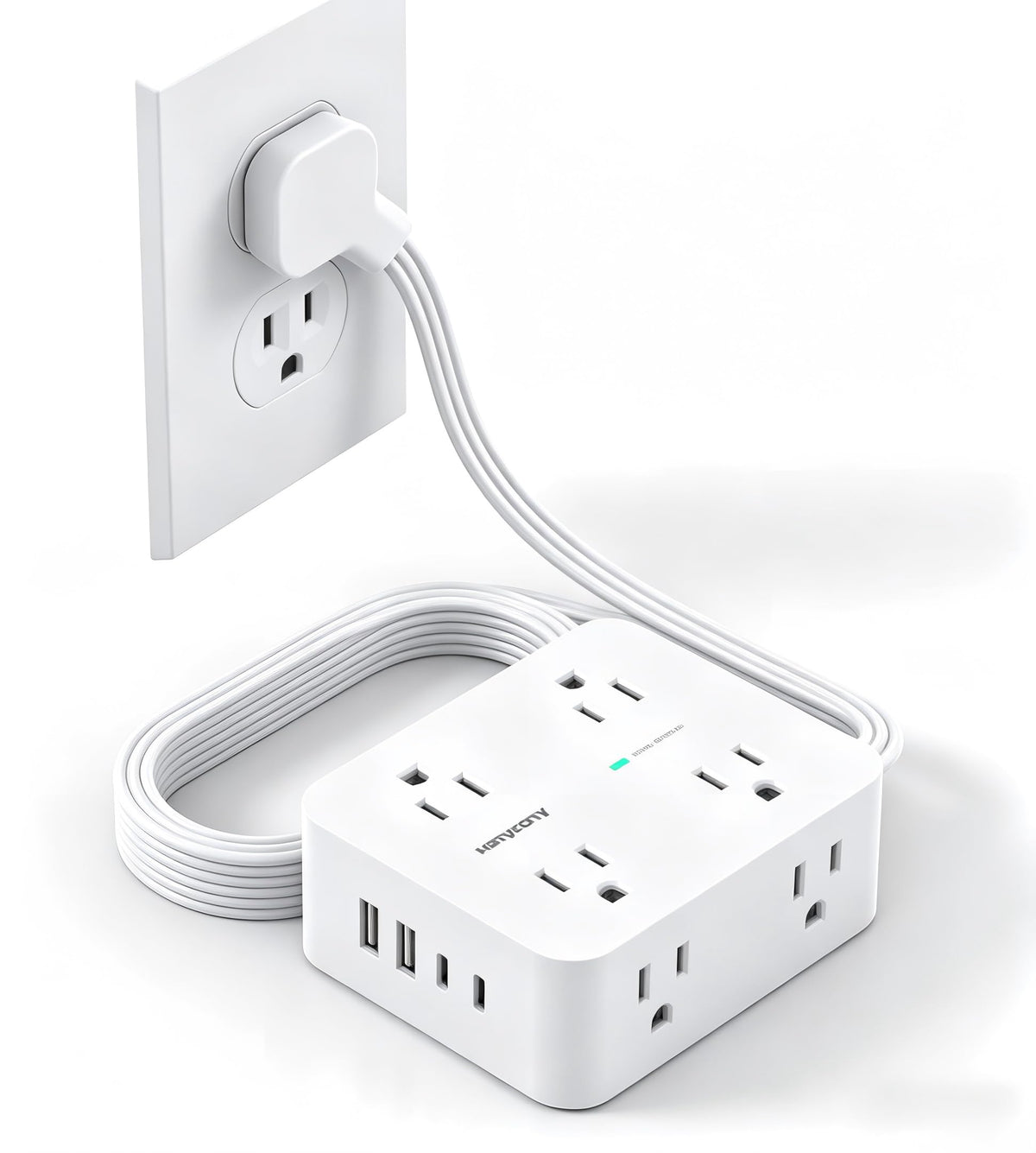 HANYCONY front view of power strip showing outlets and switch, clean charging organization