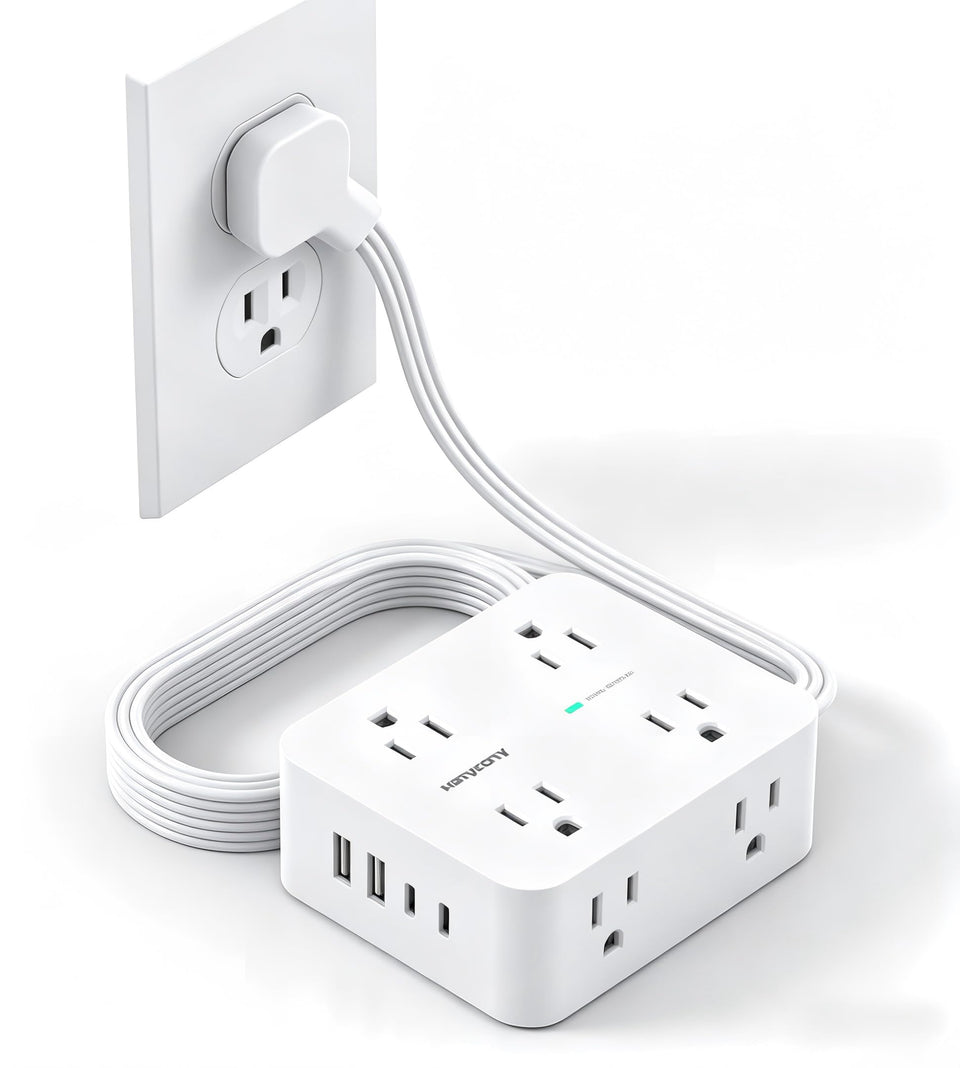HANYCONY front view of power strip showing outlets and switch, clean charging organization