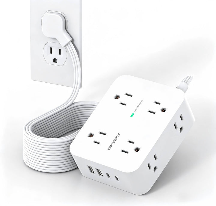 HANYCONY front view of power strip showing outlets and USB ports for multi-device convenience
