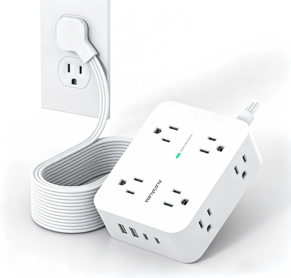HANYCONY front view of power strip showing outlets and USB ports for multi-device convenience