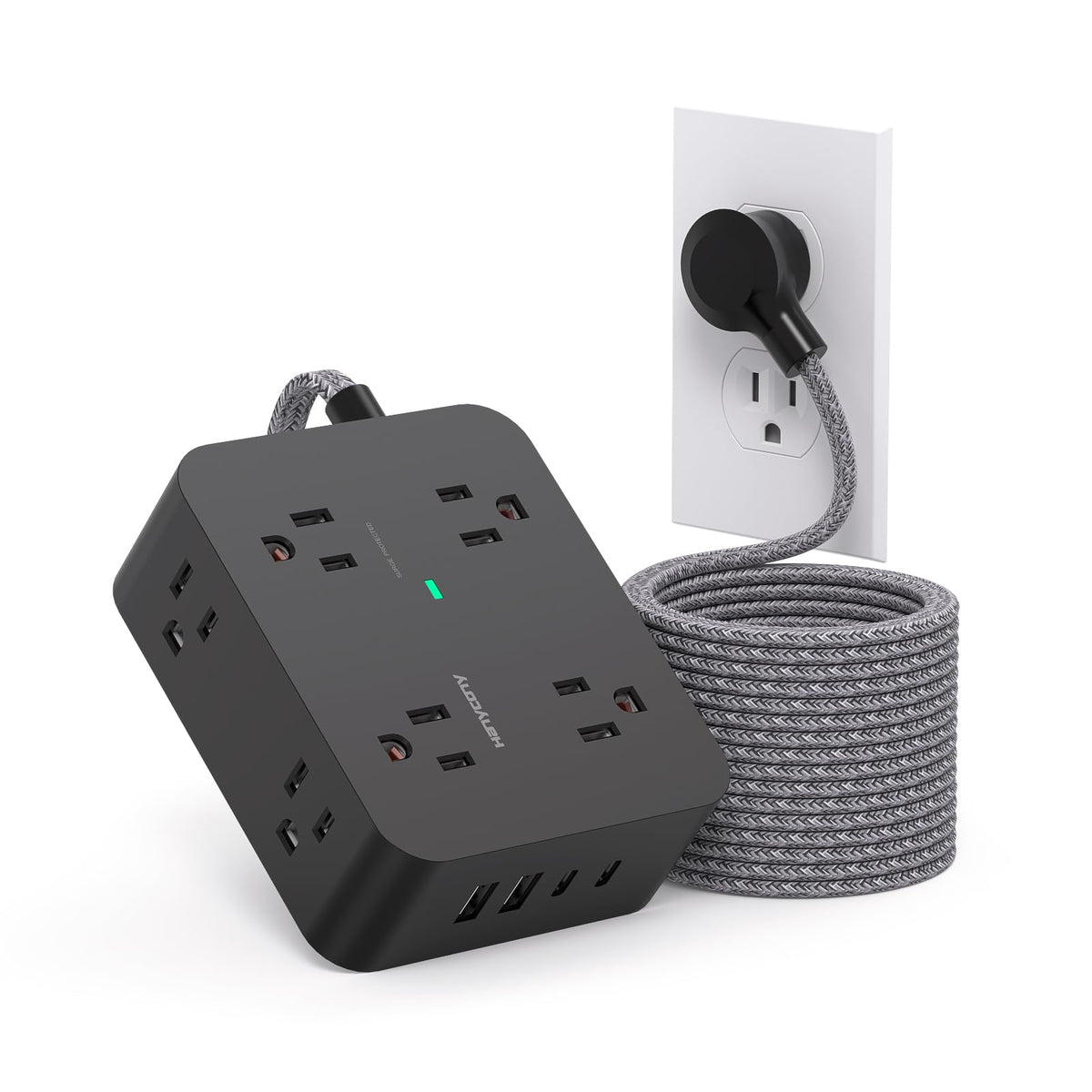 HANYCONY front view of power strip showing 8 outlets and 4 USB ports for organized charging