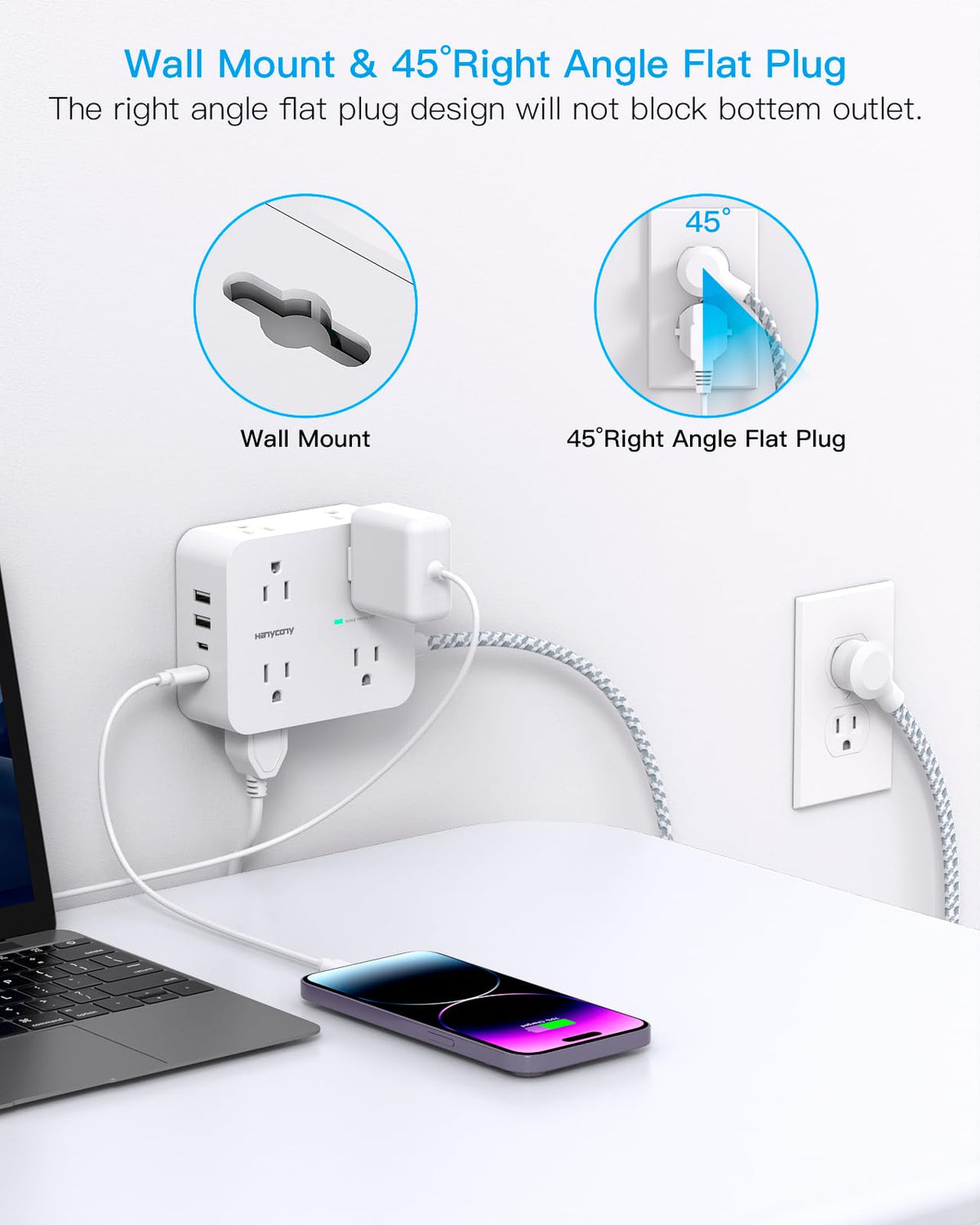 HANYCONY power strip on home office desk powering laptop and accessories