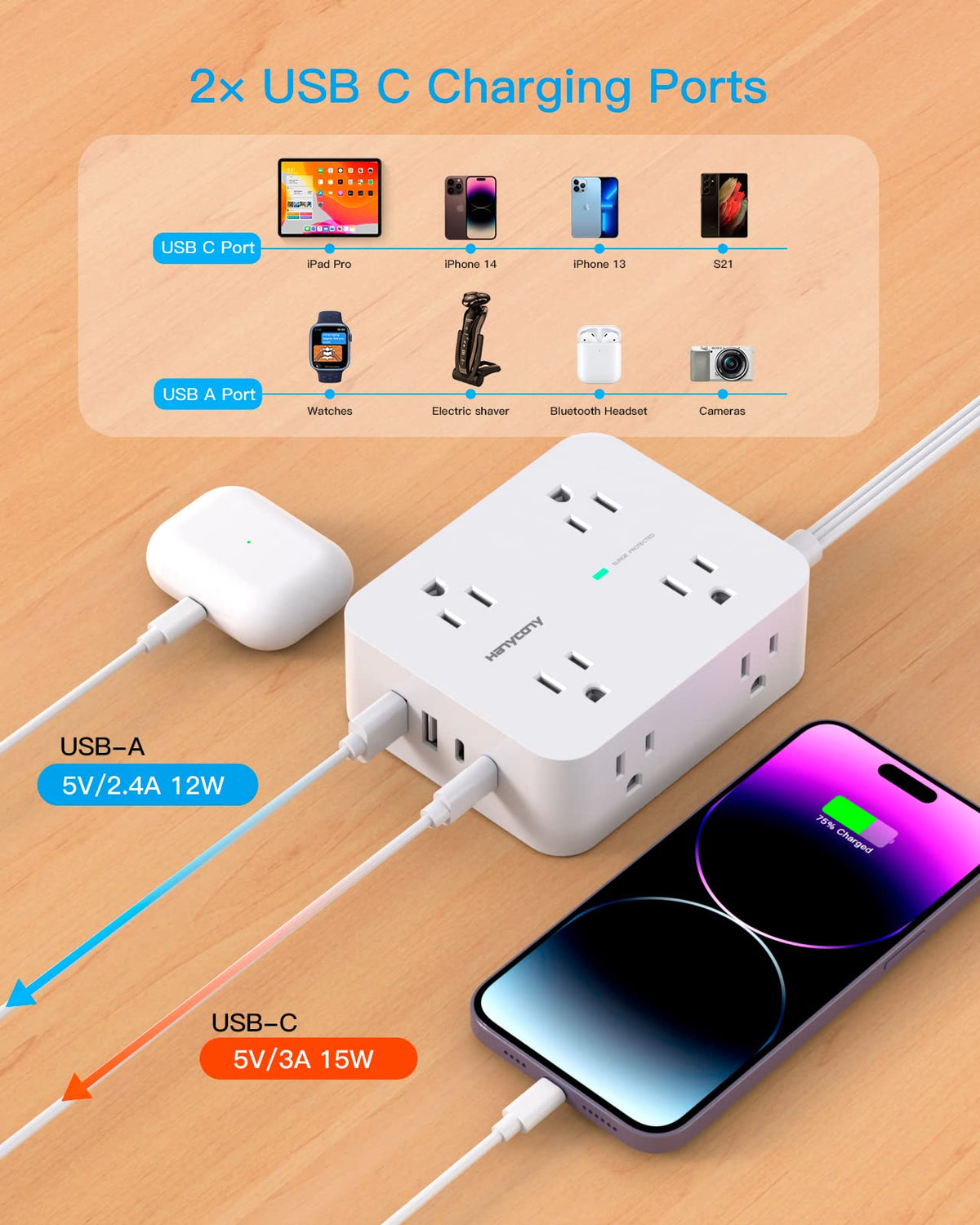 HANYCONY power strip in use on desk with laptop and phone, organized charging