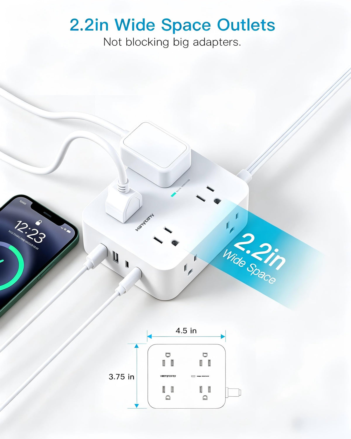 HANYCONY power strip in a desk setup powering laptop and accessories, tidy workspace