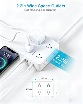 HANYCONY power strip in a desk setup powering laptop and accessories, tidy workspace