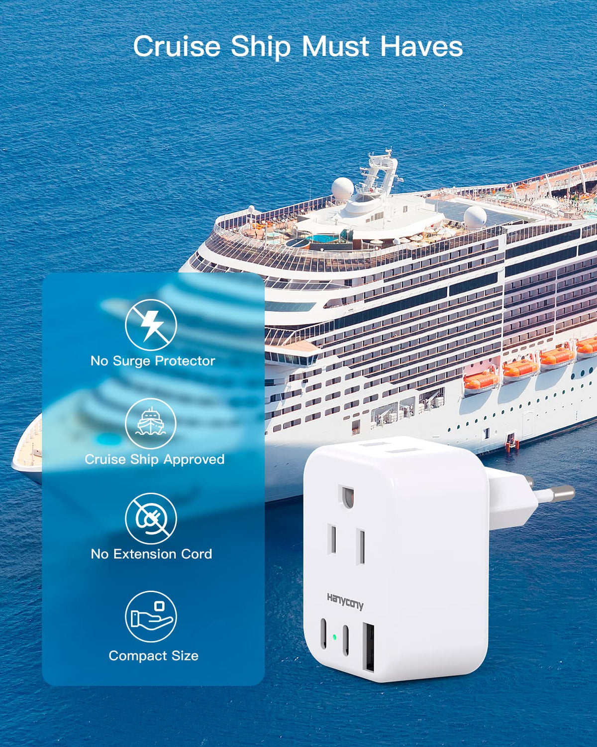 HANYCONY plugged into a European hotel socket offering convenient device charging