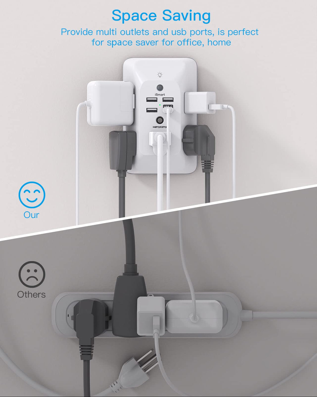 HANYCONY outlet extender in bedroom or dorm setup for organized charging