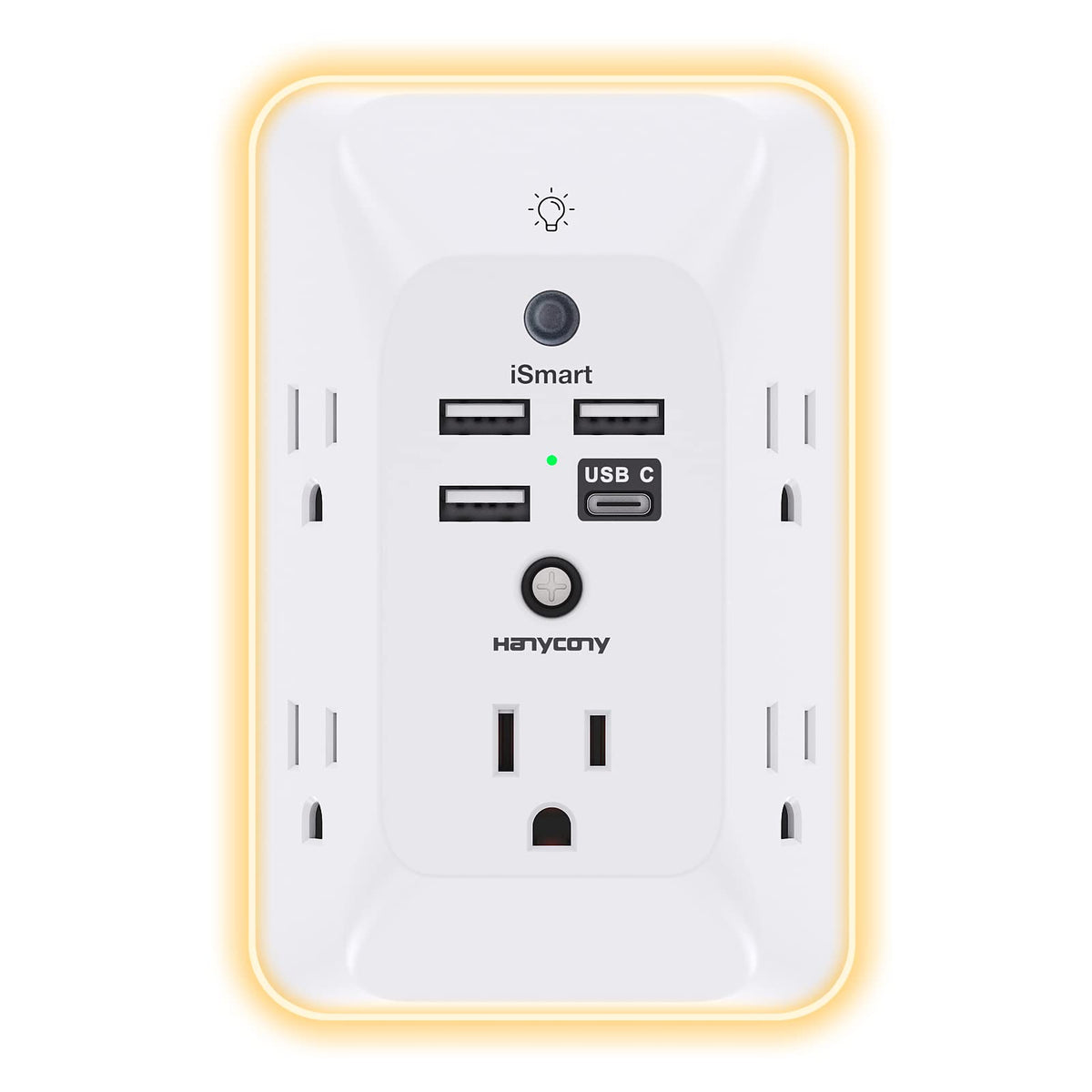 HANYCONY outlet extender front view showing wide outlets for bulky adapters