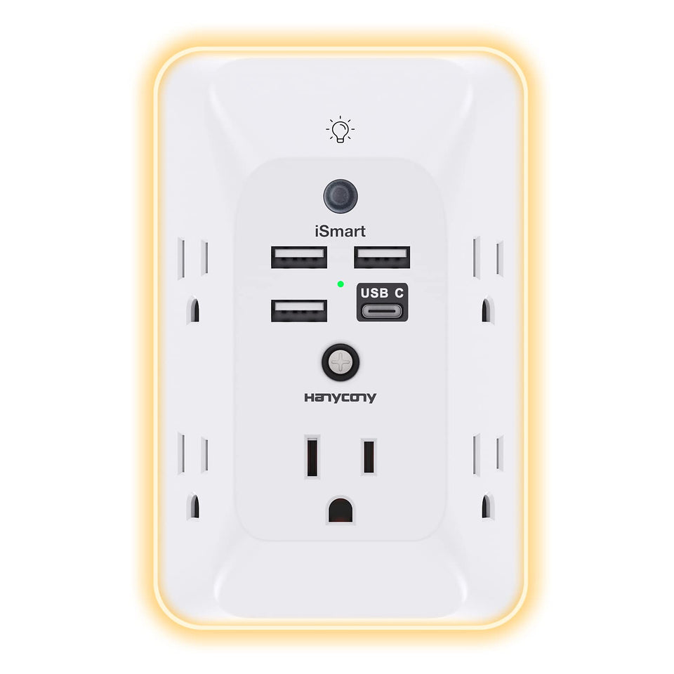 HANYCONY outlet extender front view showing wide outlets for bulky adapters