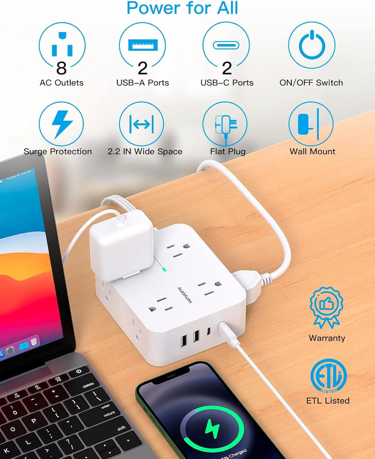 HANYCONY 8-outlet design keeps large adapters from blocking neighboring plugs.