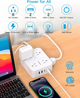 HANYCONY 8-outlet design keeps large adapters from blocking neighboring plugs.
