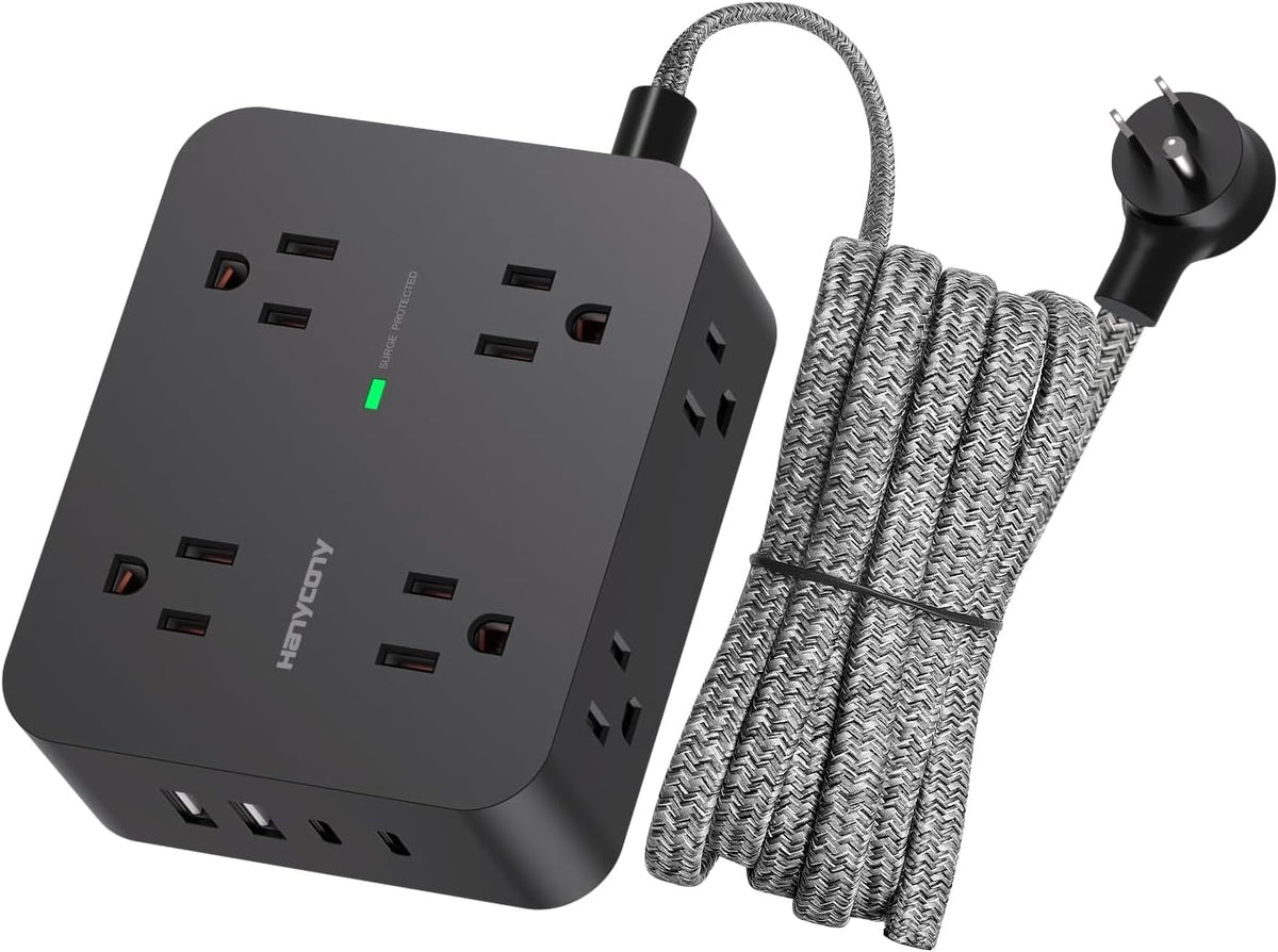 HANYCONY power strip with 8 outlets and 4 USB ports for multiple device charging.
