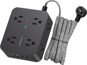 HANYCONY power strip with 8 outlets and 4 USB ports for multiple device charging.