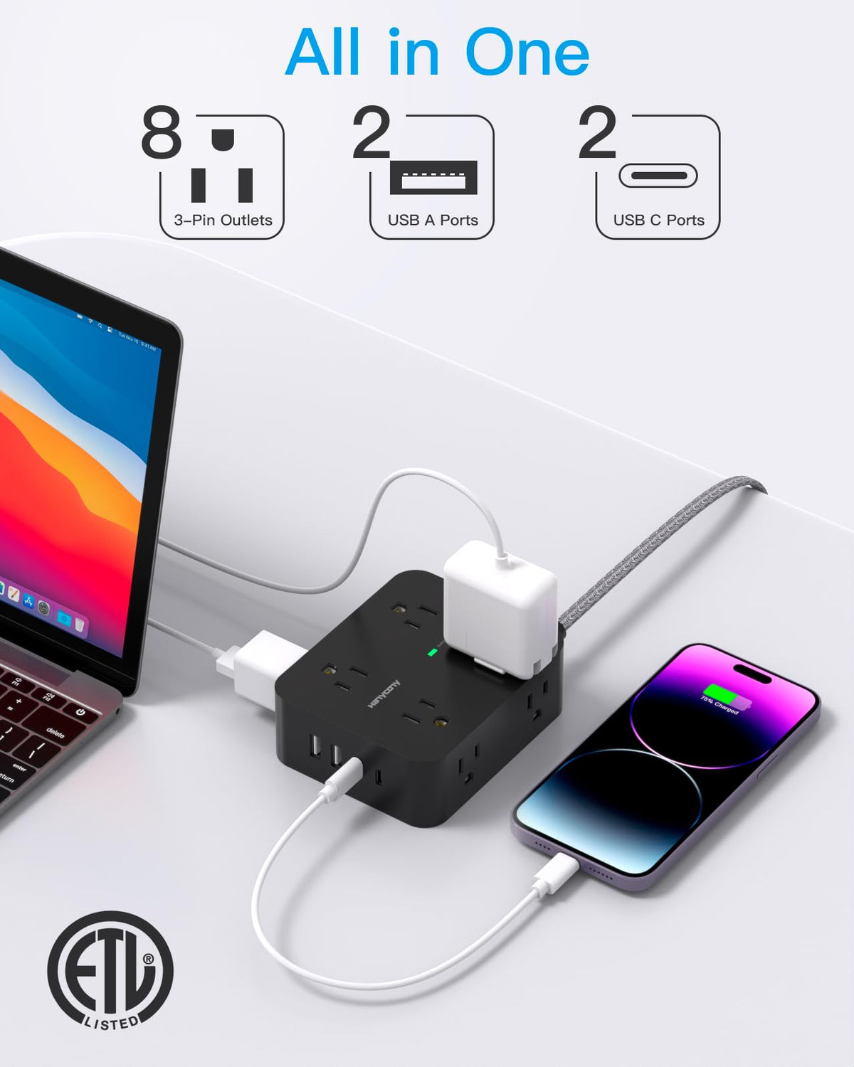 HANYCONY power strip braided extension cord offers durability for long sessions.