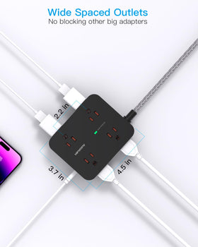 HANYCONY power strip wide-space outlets fit large adapters without blocking.
