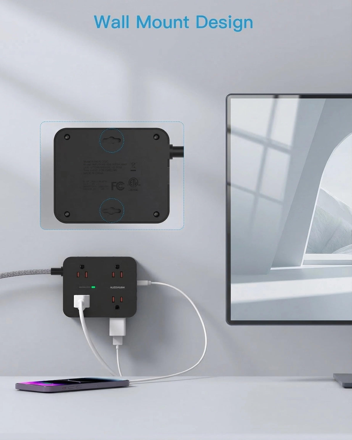 HANYCONY next to smartphone showing scale and outlet spacing convenience