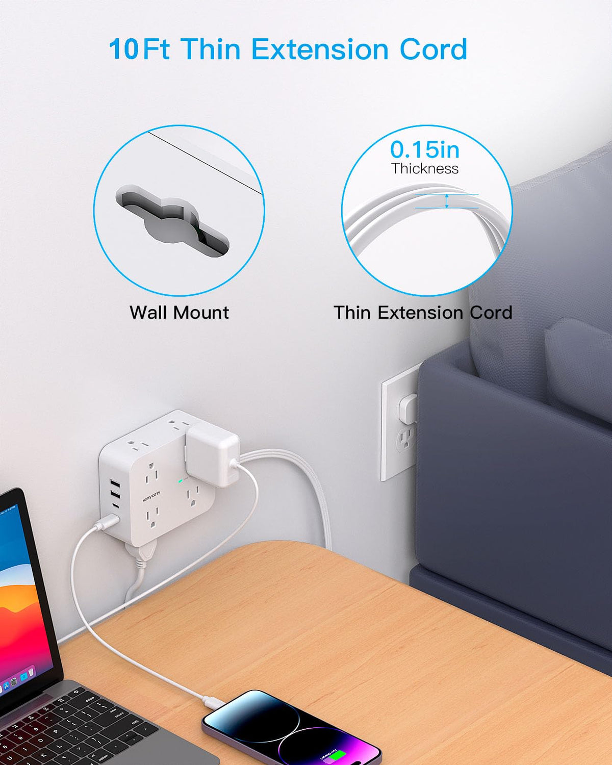 HANYCONY label showing 1080J surge protection and safety certifications, safer charging