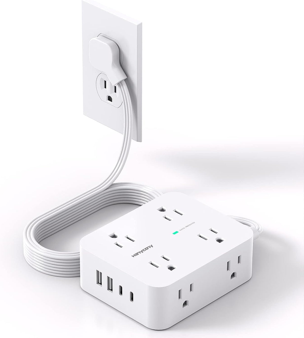 HANYCONY surge protector 12in1 outlets provides versatile charging for a clean desk.