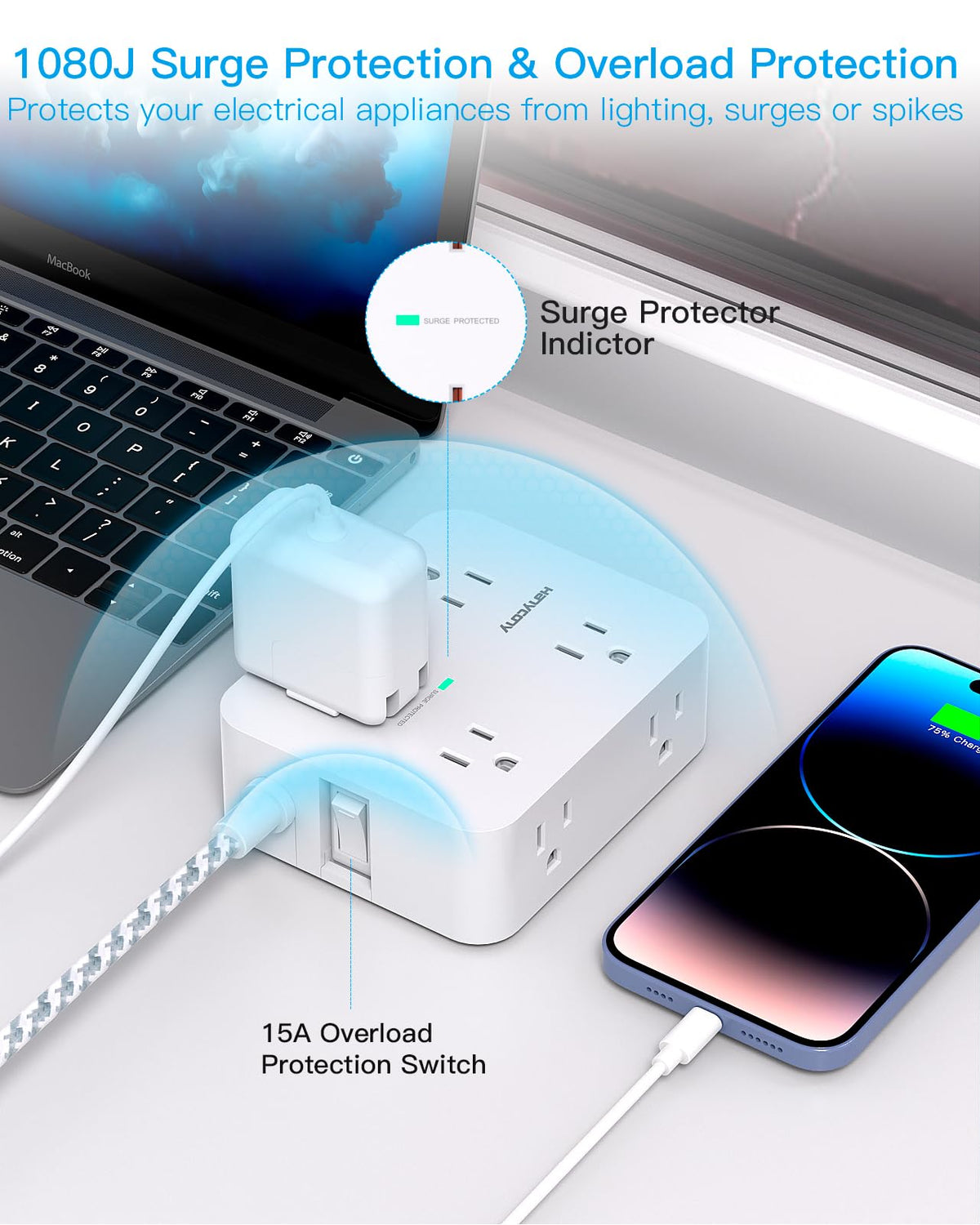 HANYCONY 5 ft braided cord provides durable extension for desks